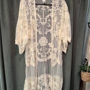 Sheer Embroidered Lace Kimono Cardigan - Cream